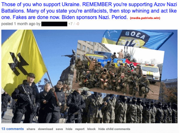 A post shared by a network asset on patriots.win portraying Ukraine as a Nazi state