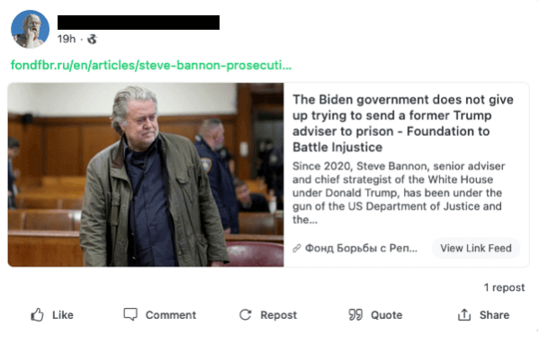 A post shared by a network asset on Gab linking to an article from the Foundation to Battle Injustice