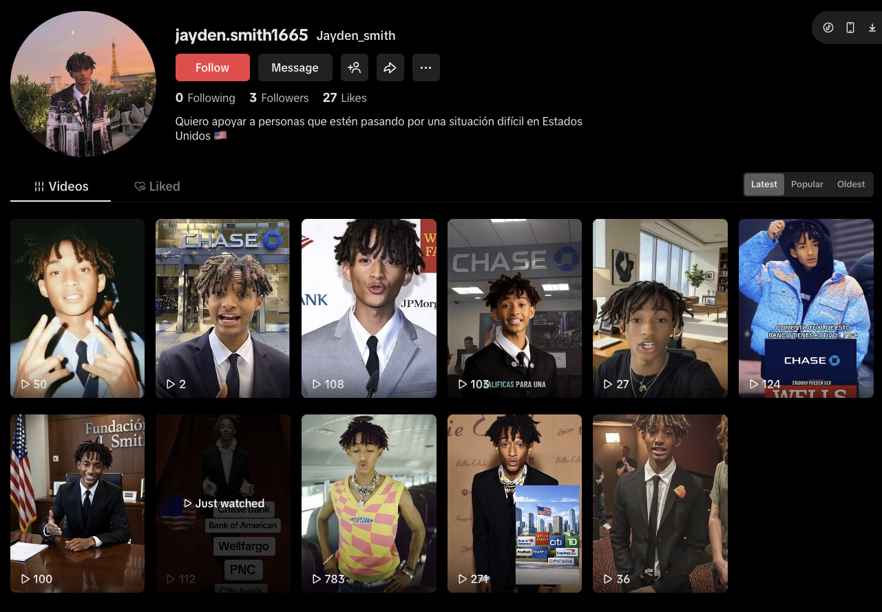 One of the TikTok accounts impersonating Jaden Smith, showing multiple AI-generated videos using the actor's likeness.