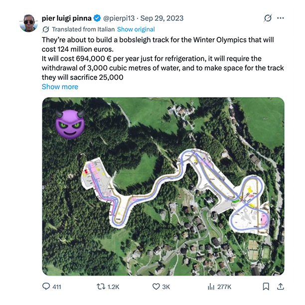 X post with aerial map of plans for bobsleigh course