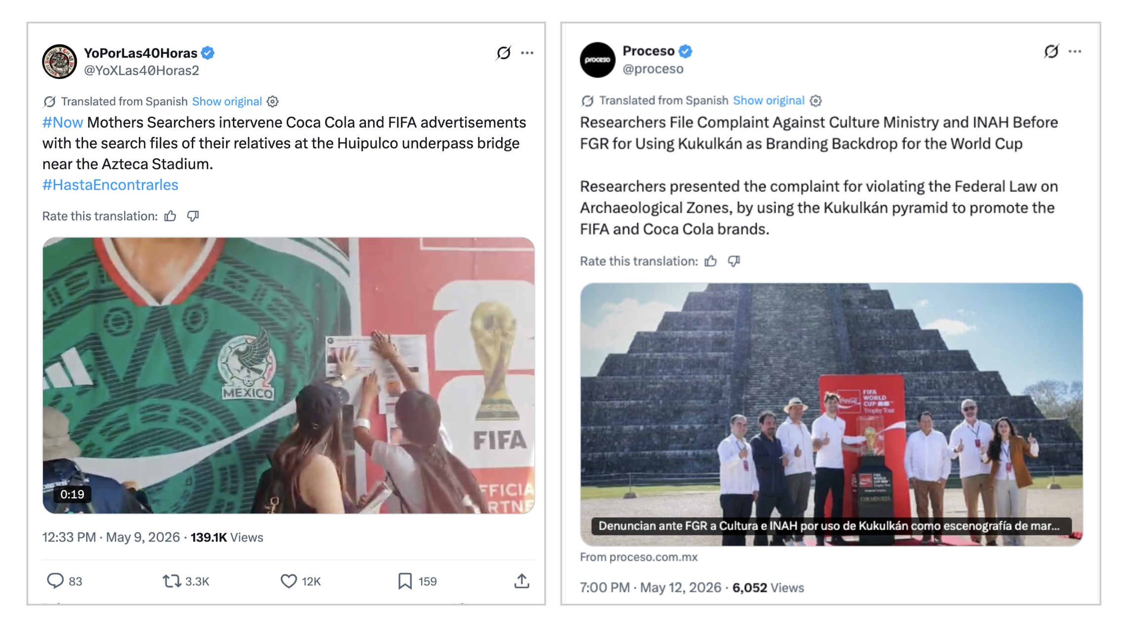 X posts showcasing Coca-Cola’s physical campaign in the context of conversations about commercial profit, social crises, and respect for historic sites.