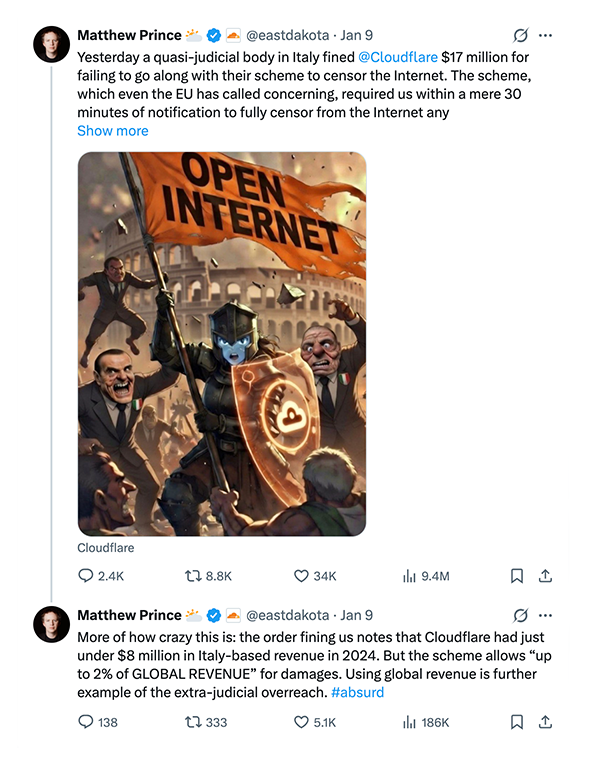 X post  with AI-generated image  of protesters with flag reading "Open Internet"