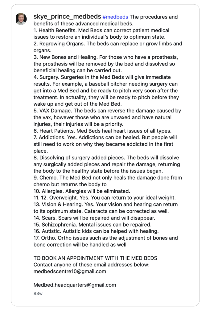 Instagram post explaining the long list of ailments medbeds can supposedly treat, and encouraging users to email for an appointment.