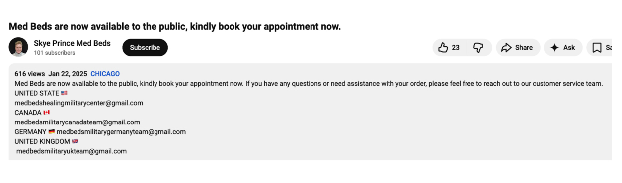 YouTube video claiming medbeds are now available and directing users to email for an appointment.