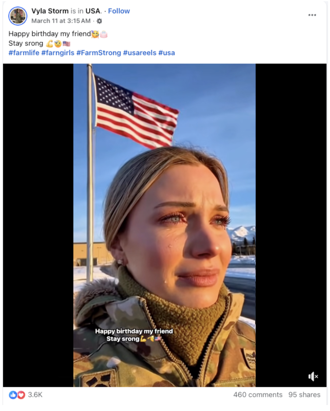 Screenshot of a Facebook Reels video by the account Vyla Storm, featuring an almost certainly AI-generated depiction of a U.S. soldier with #farngirls and "stay srong." Screenshot of a Facebook Reels video by the account Vyla Storm, featuring an almost certainly AI-generated depiction of a U.S. soldier with #farngirls and "stay srong."