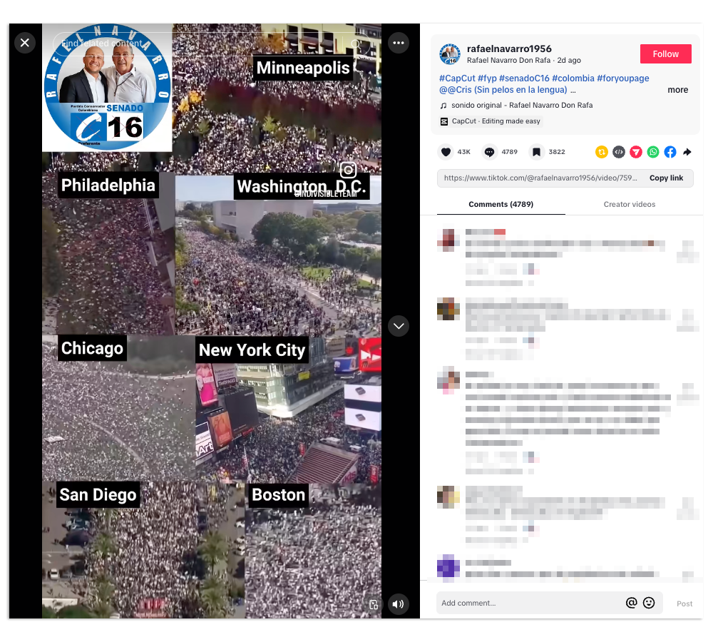 Screenshot of "No Kings" protests footage posted to TikTok by Colombian politician Rafael Navarro, using his own campaign logo to cover the "No Kings" logo in the upper-left corner.