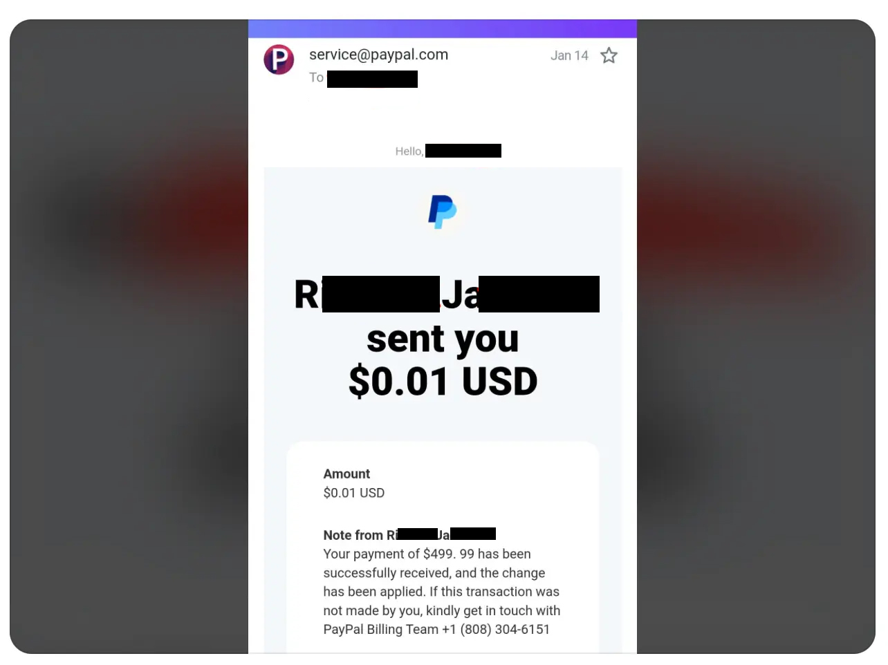 A Reddit user posted this screenshot of a phishing email, sent from a legitimate PayPal account  but including a fraudulent claim and prompting action to reverse an alleged inauthentic charge.