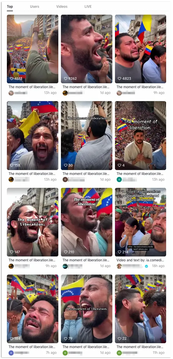 Several TikTok accounts used the same caption when sharing likely AI-generated videos featuring crying Venezuelans celebrating Nicolas Maduro's capture.